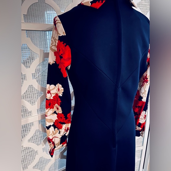 Vintage Navy Blue Dress Red Flowers 70s A Line Polyester 60s 1970s - Picture 9 of 15